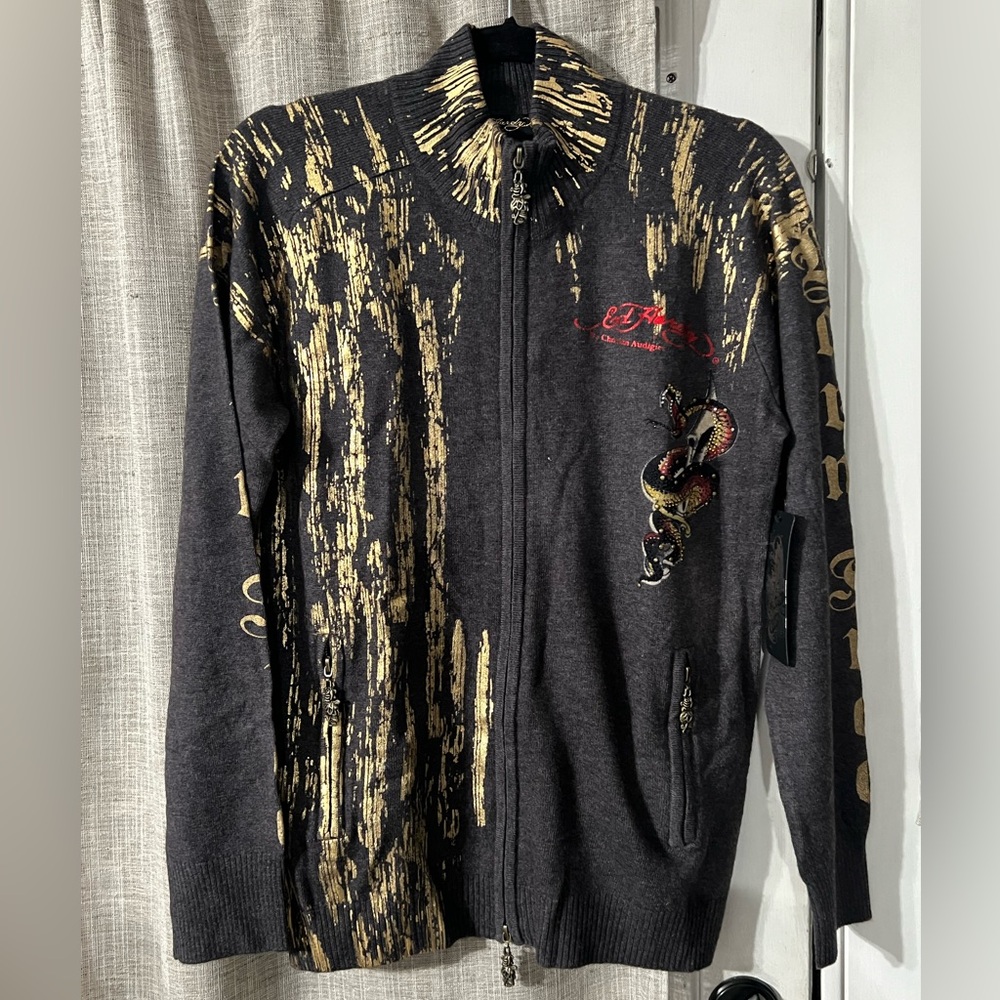 Ed Hardy Charcoal/Gold Born Free Cardigan Jacket Sweater Size M - NWT
